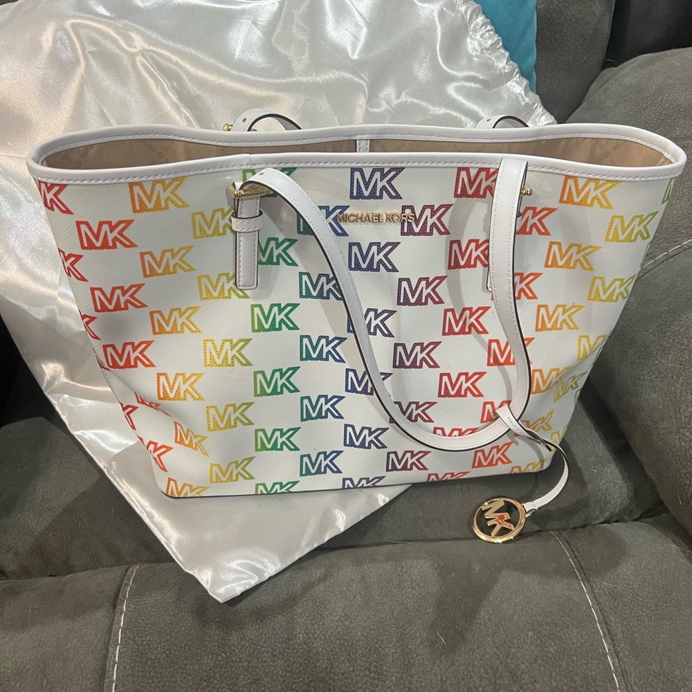 Michael Kors white large jet set bag with rainbow MK logo